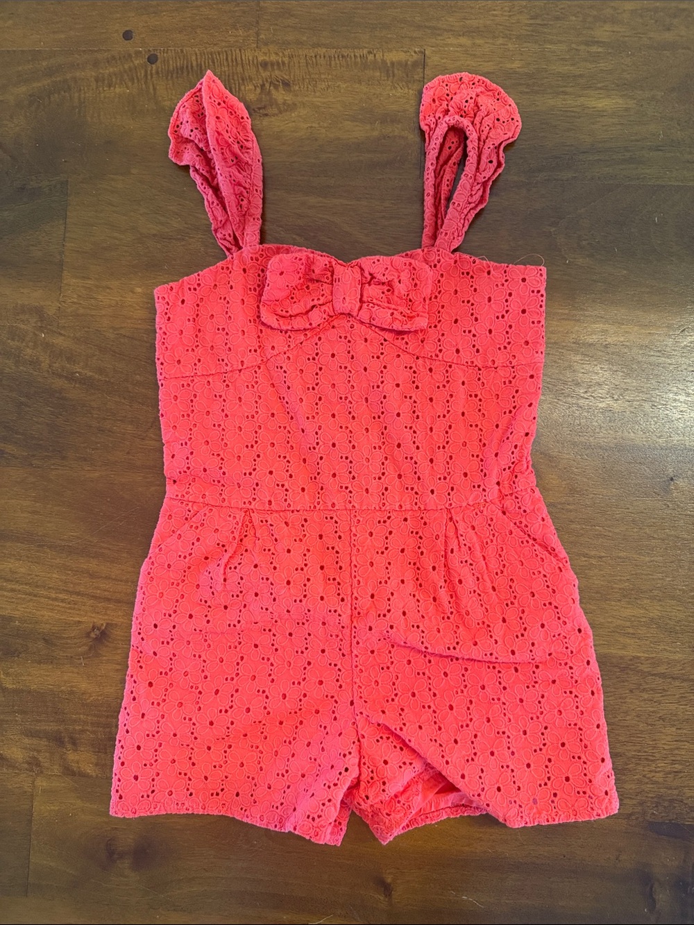 Girls Coral Eyelet Bow Romper